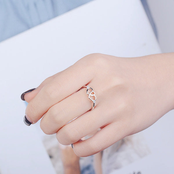Double Heart Charm Love Silver Ring