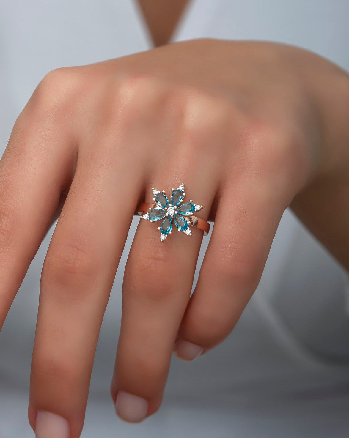 Aquamarine Stone Flower Silver Ring