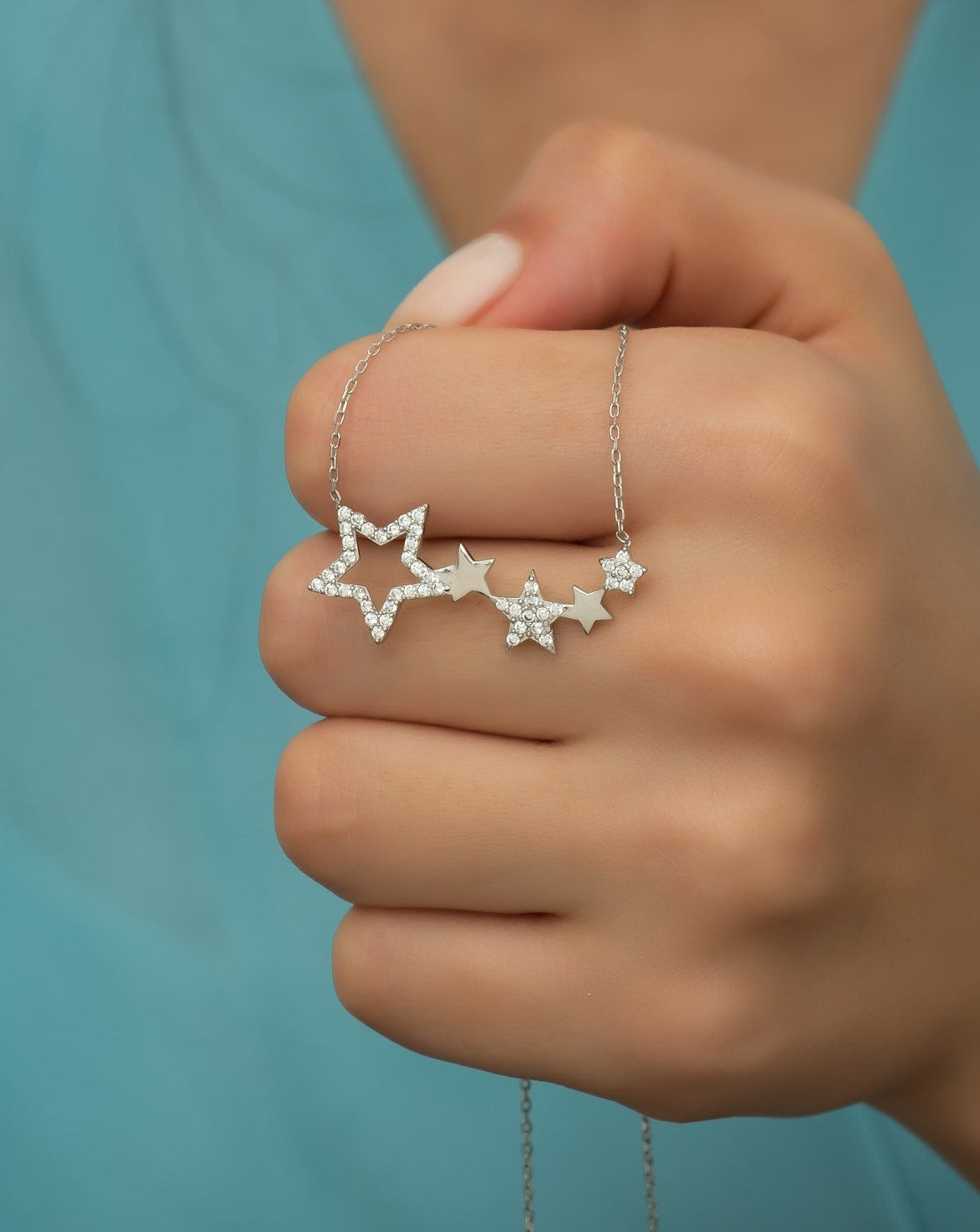 Silver Zircon Stone 5 Star Path Necklace