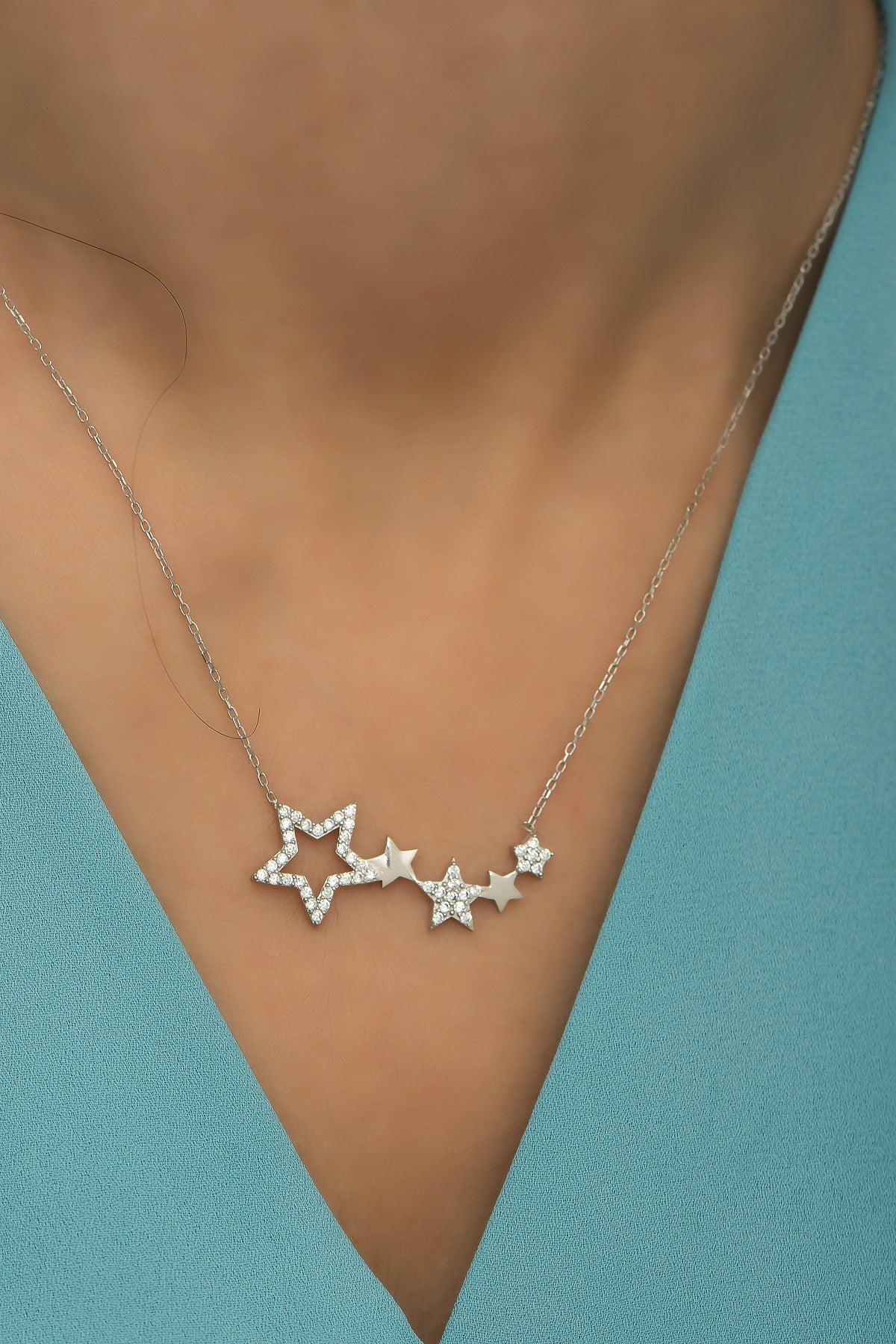 Silver Zircon Stone 5 Star Path Necklace
