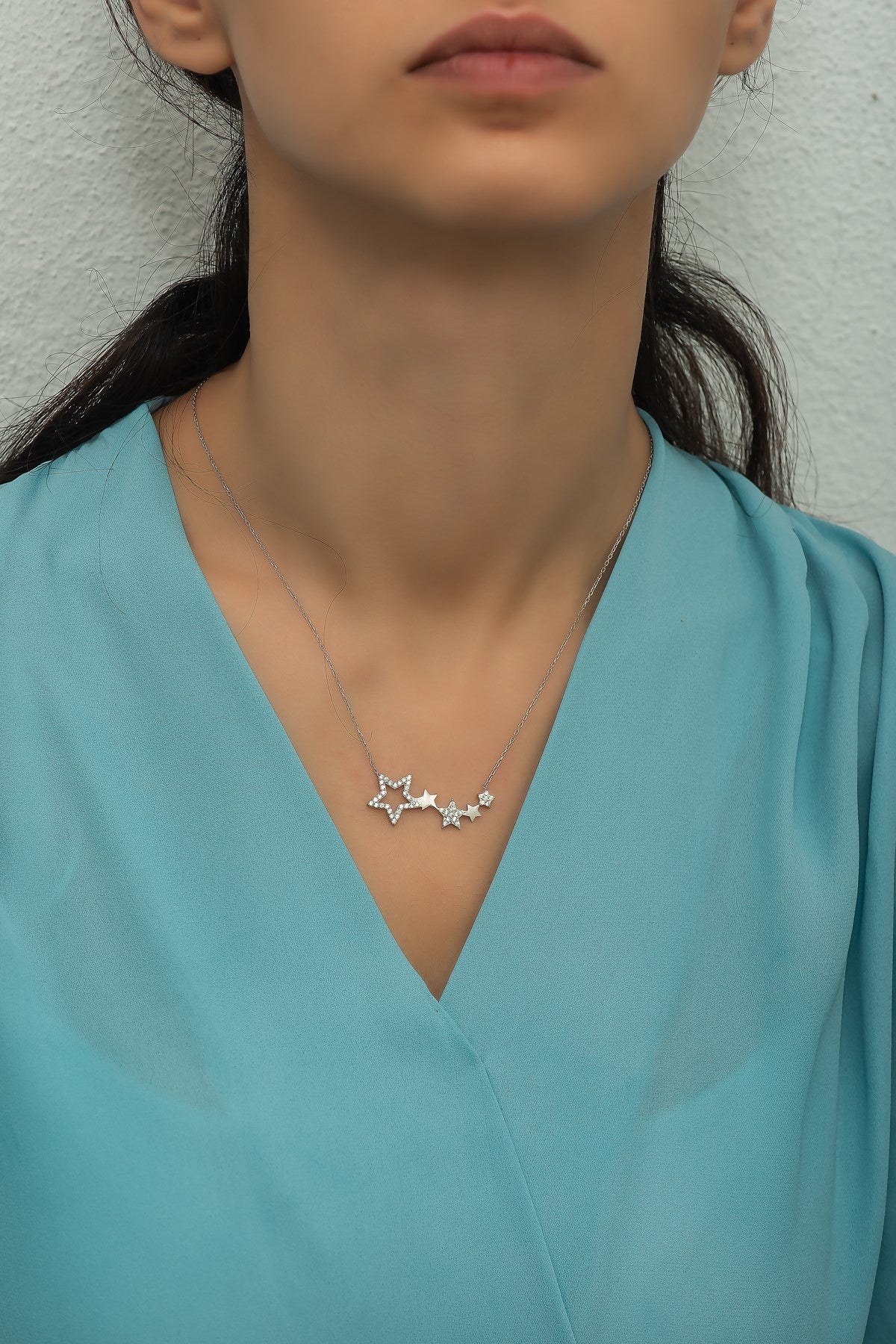 Silver Zircon Stone 5 Star Path Necklace