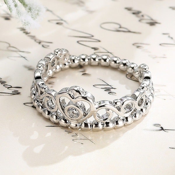 Elegant Princess Crown Love Heart Silver Ring