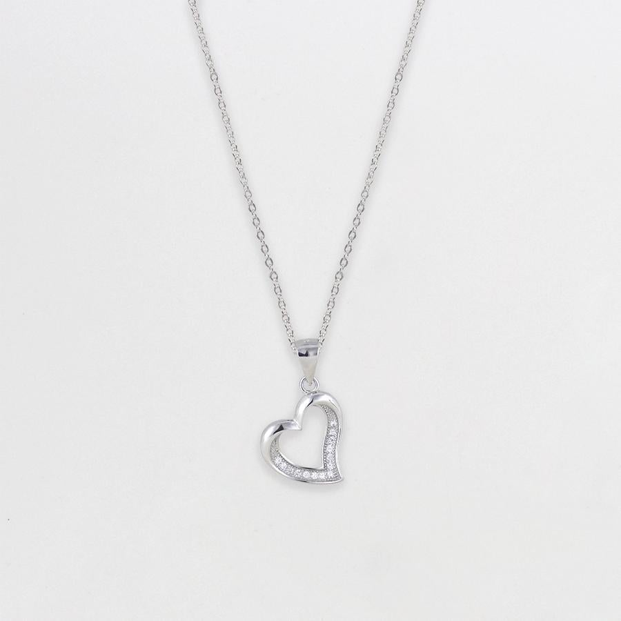 Silver Zircon Curve Heart Necklace with Silver Link Chain