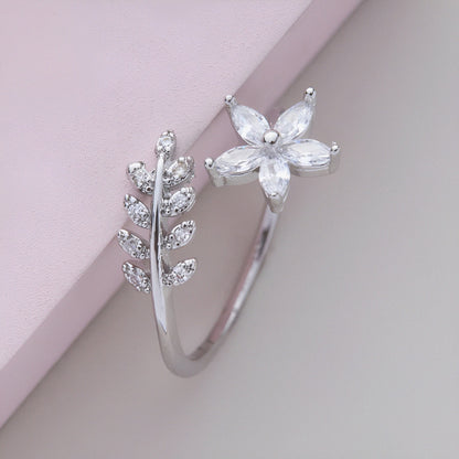 Bloom Style Leaf Flower Silver Ring