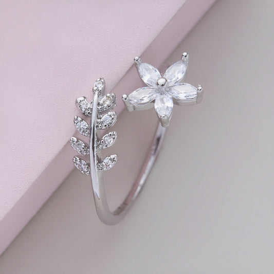 Bloom Style Leaf Flower Silver Ring