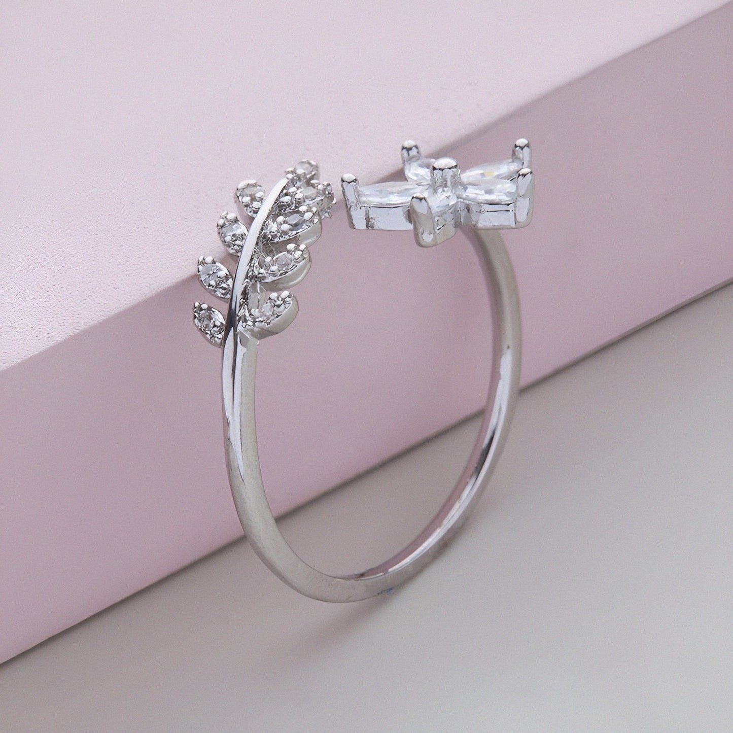 Bloom Style Leaf Flower Silver Ring