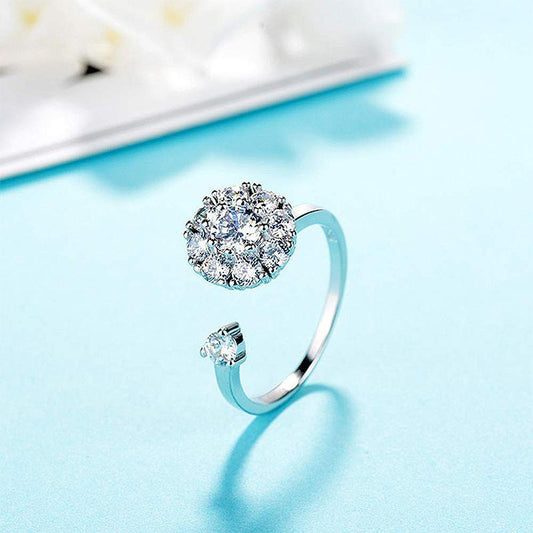 Spinning Rotating Open Ring Crystal Anxiety Adjustable Silver Ring