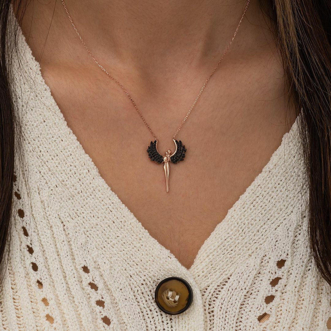Angel Hug Black Winged Silver Necklace