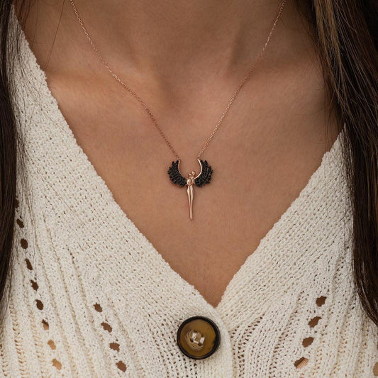 Angel Hug Black Winged Silver Necklace