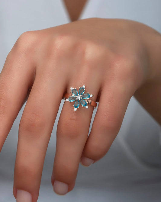 Aquamarine Stone Flower Silver Ring