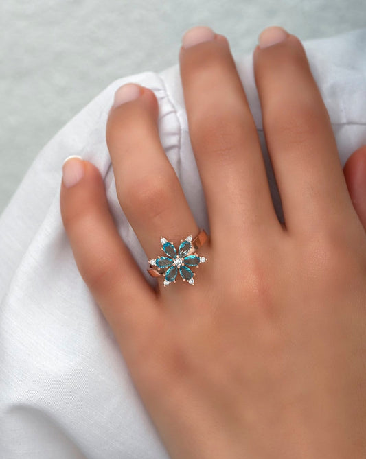 Aquamarine Stone Flower Silver Ring