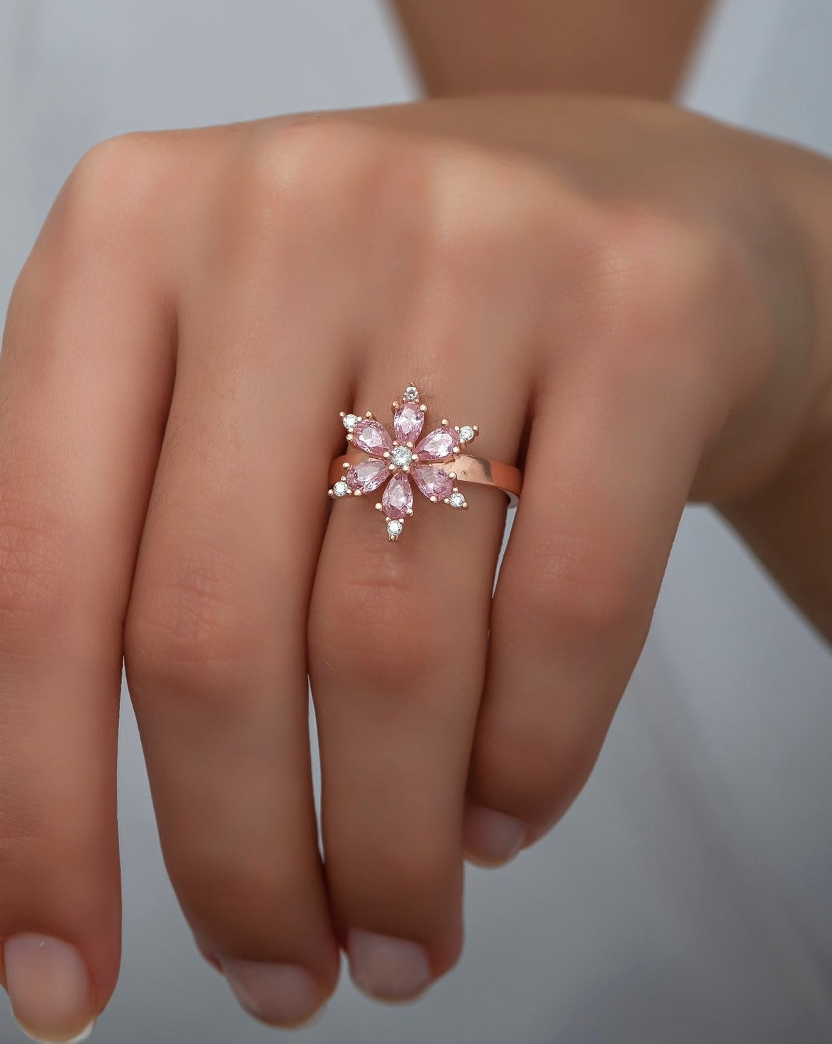 Pink Stone Floral Silver Ring