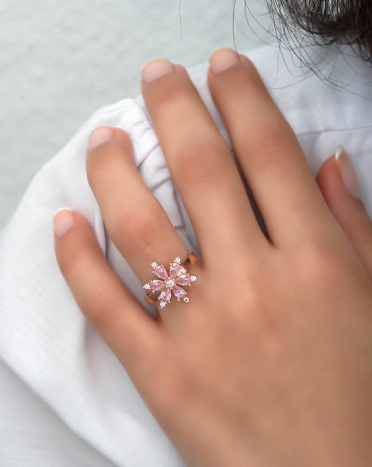 Pink Stone Floral Silver Ring