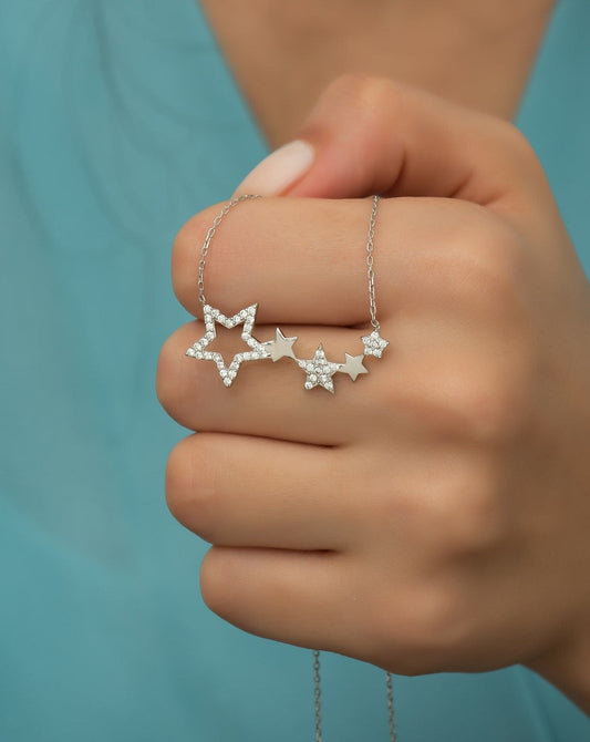Silver Zircon Stone 5 Star Path Necklace