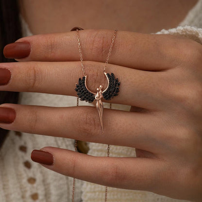Angel Hug Black Winged Silver Necklace