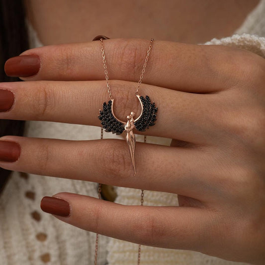 Angel Hug Black Winged Silver Necklace
