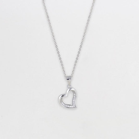 Silver Zircon Curve Heart Necklace with Silver Link Chain