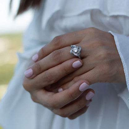 Floral White Zircon Silver Ring
