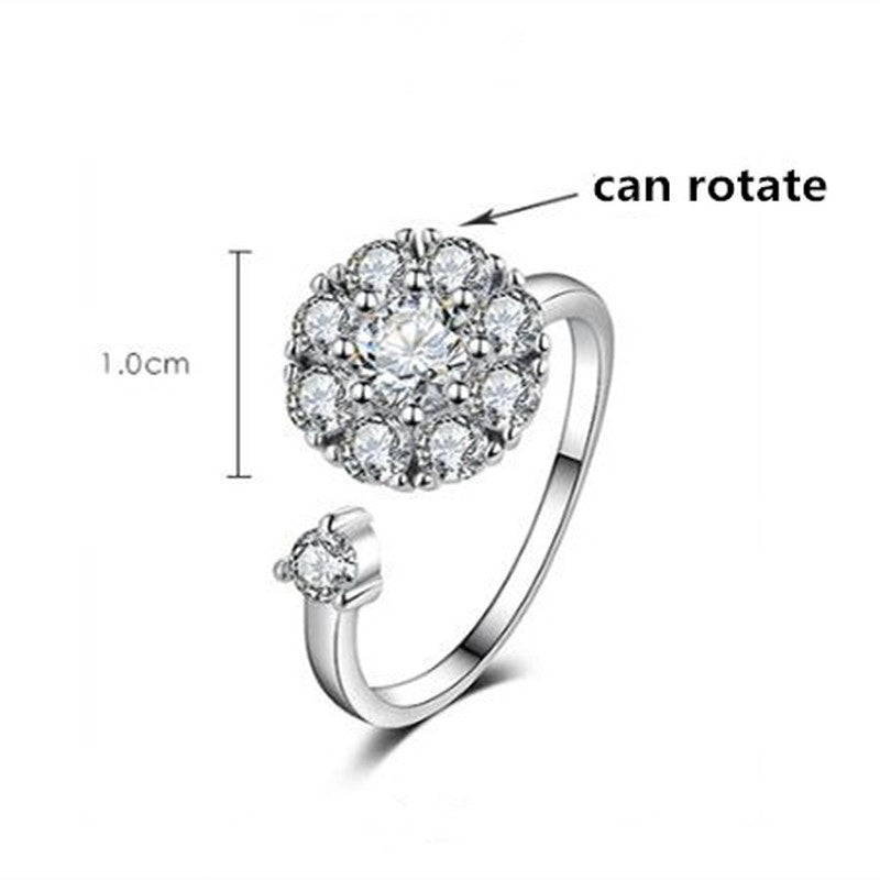 Spinning Rotating Open Ring Crystal Anxiety Adjustable Silver Ring