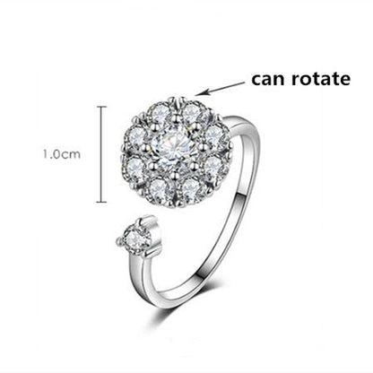 Spinning Rotating Open Ring Crystal Anxiety Adjustable Silver Ring