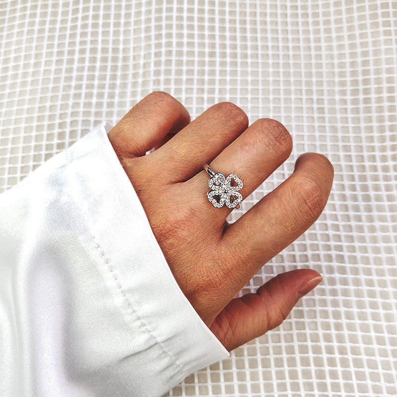 Spinning Lucky Clover Heart Silver Ring