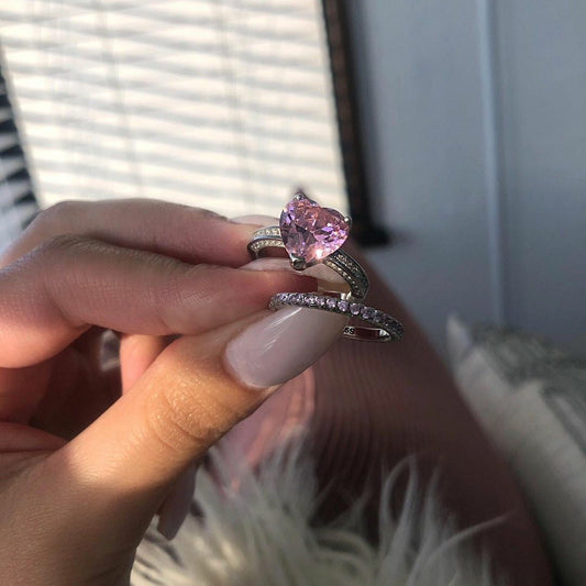 Pink Embassy Heart Silver Ring Set