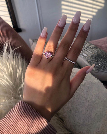 Pink Embassy Heart Silver Ring Set