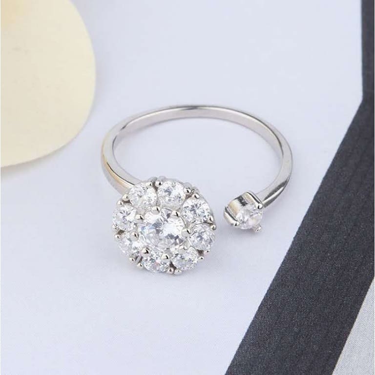 Spinning Rotating Open Ring Crystal Anxiety Adjustable Silver Ring