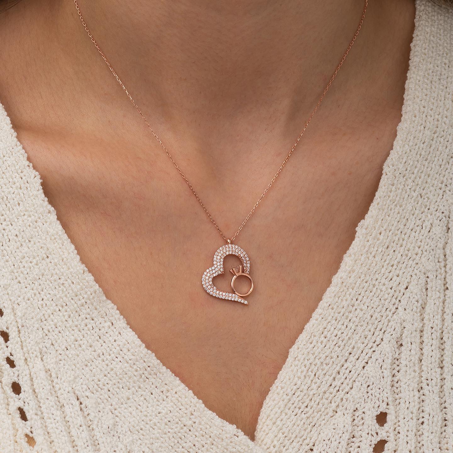 Silver Rose Heart Solitaire Necklace